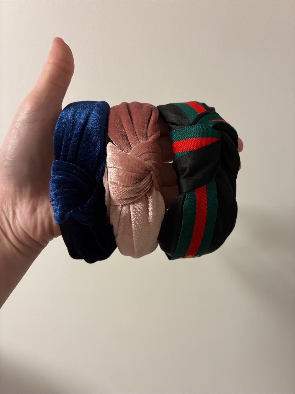 Knotted Velvet Headbands - Blue, Blush & Black/Green-Red Stripe